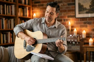 Homme jouant de la guitare acoustique avec une partition d'accords pour la chanson Je te promets lors d'une soirée conviviale