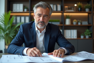 Homme d'âge moyen en costume bleu examinant des plans immobiliers