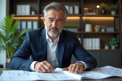 Homme d'âge moyen en costume bleu examinant des plans immobiliers