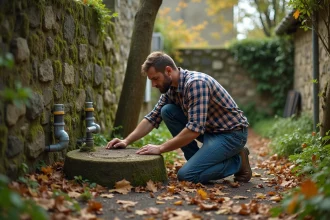 Homme examine un ancien système septique dans un jardin rural