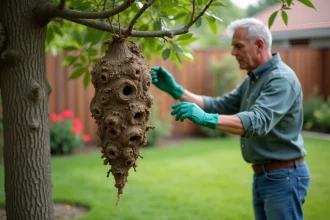 Homme examinant un nid de hornet dans le jardin