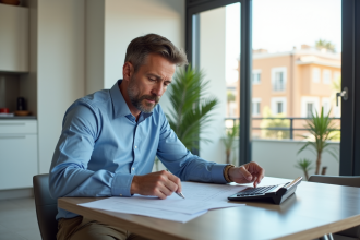 Homme d'âge moyen étudiant des documents immobiliers en appartement