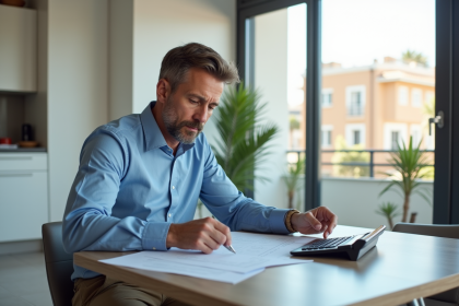 Homme d'âge moyen étudiant des documents immobiliers en appartement