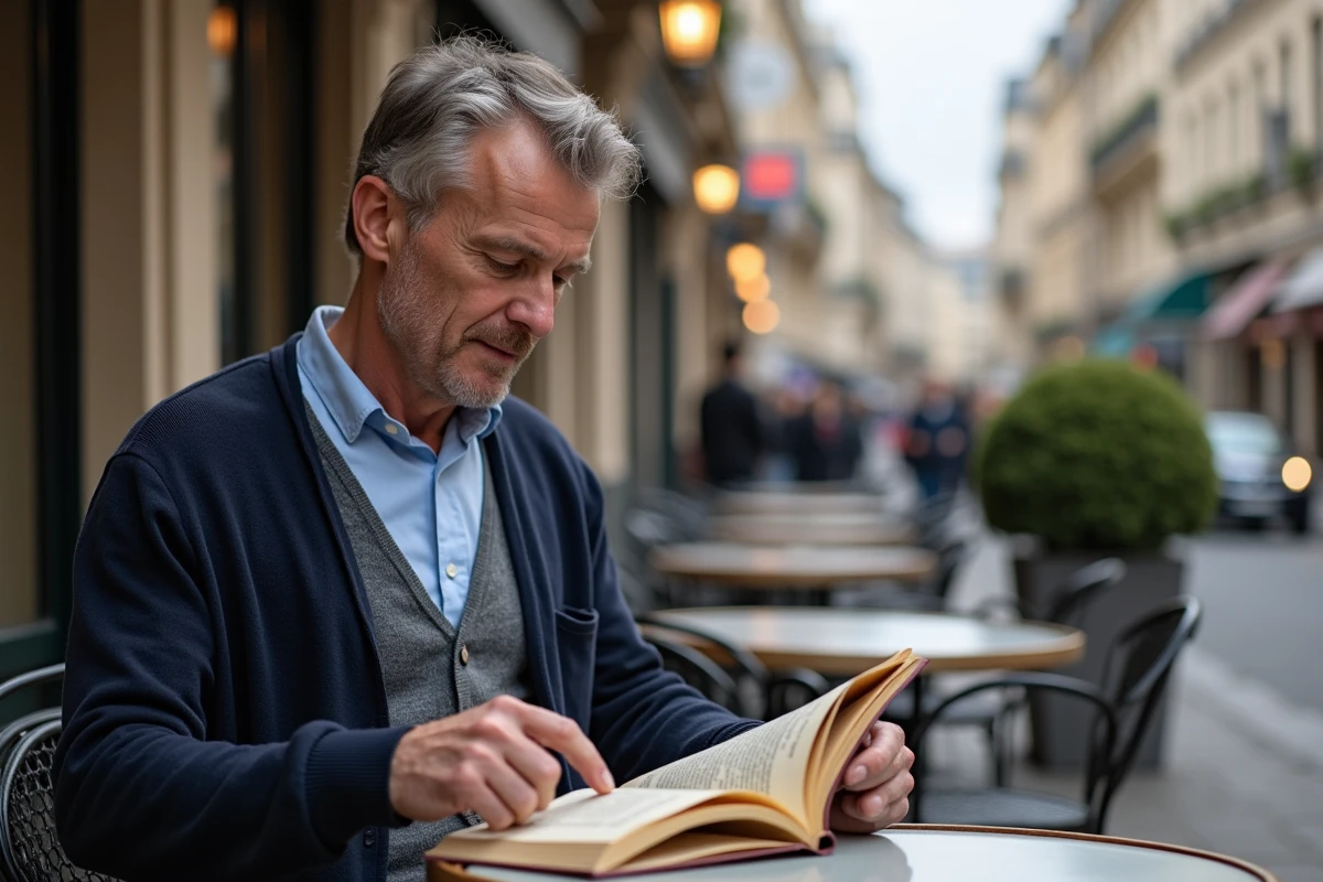 Homme lisant un livre d histoire dans un café parisien