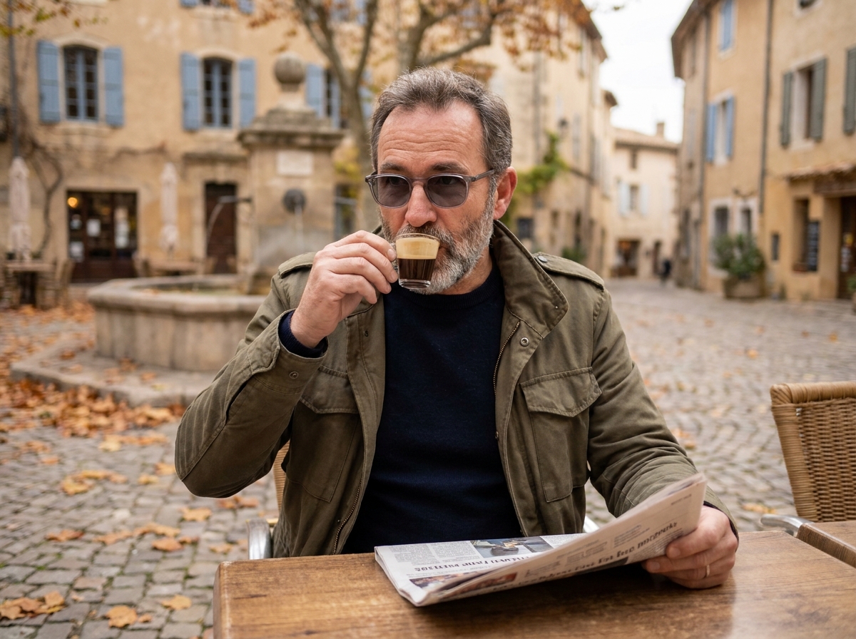 Homme mature avec lunettes photochromiques lisant un journal en terrasse d'un café provençal en automne dans un village aux bâtiments ocre