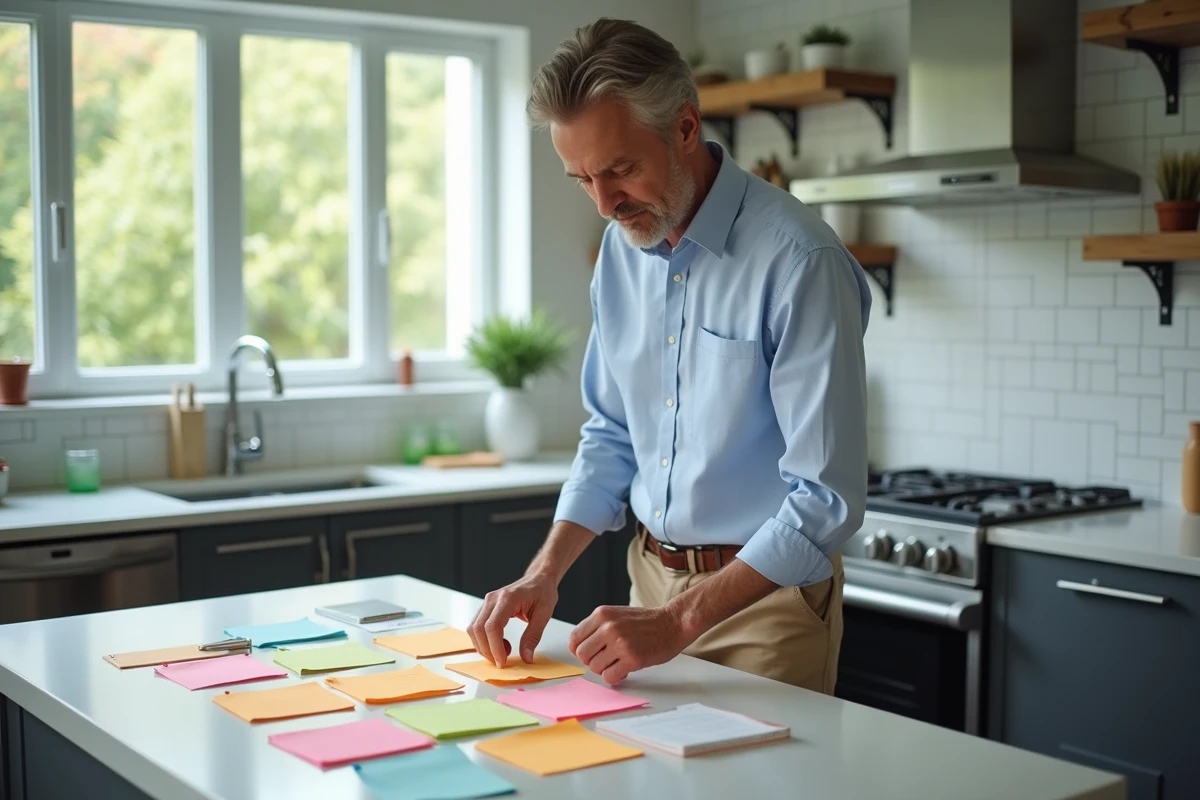 Homme organisant des notes dans la cuisine lumineuse