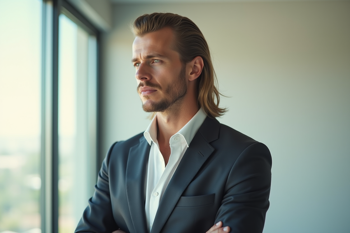 Homme moderne en costume avec coupe mullet en intérieur