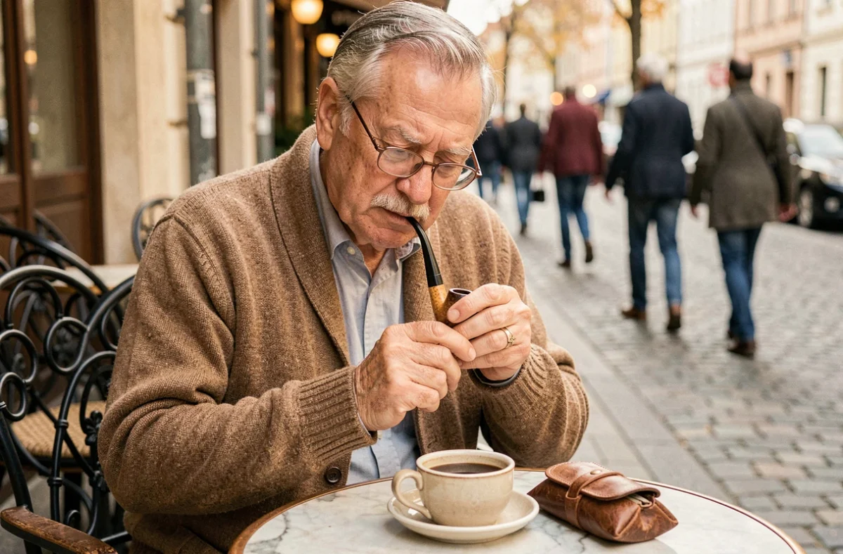Homme âgé préparant sa pipe méerschaum en terrasse de café avec une blague en cuir et un café