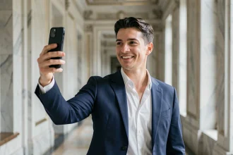 Jeune homme politique filmant une vidéo Instagram en selfie dans un couloir du Parlement français, illustrant la communication politique sur les réseaux sociaux