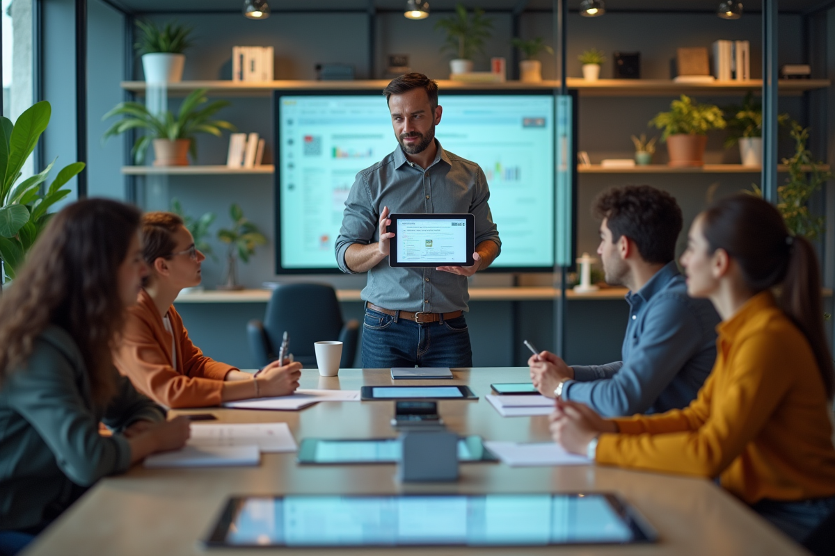Homme en milieu de carrière montrant un LLM à ses collègues lors d