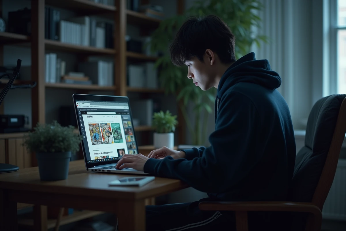 Homme recherchant des sites alternatifs à Epsilon Scan sur son ordinateur portable pour lire des séries manga en ligne
