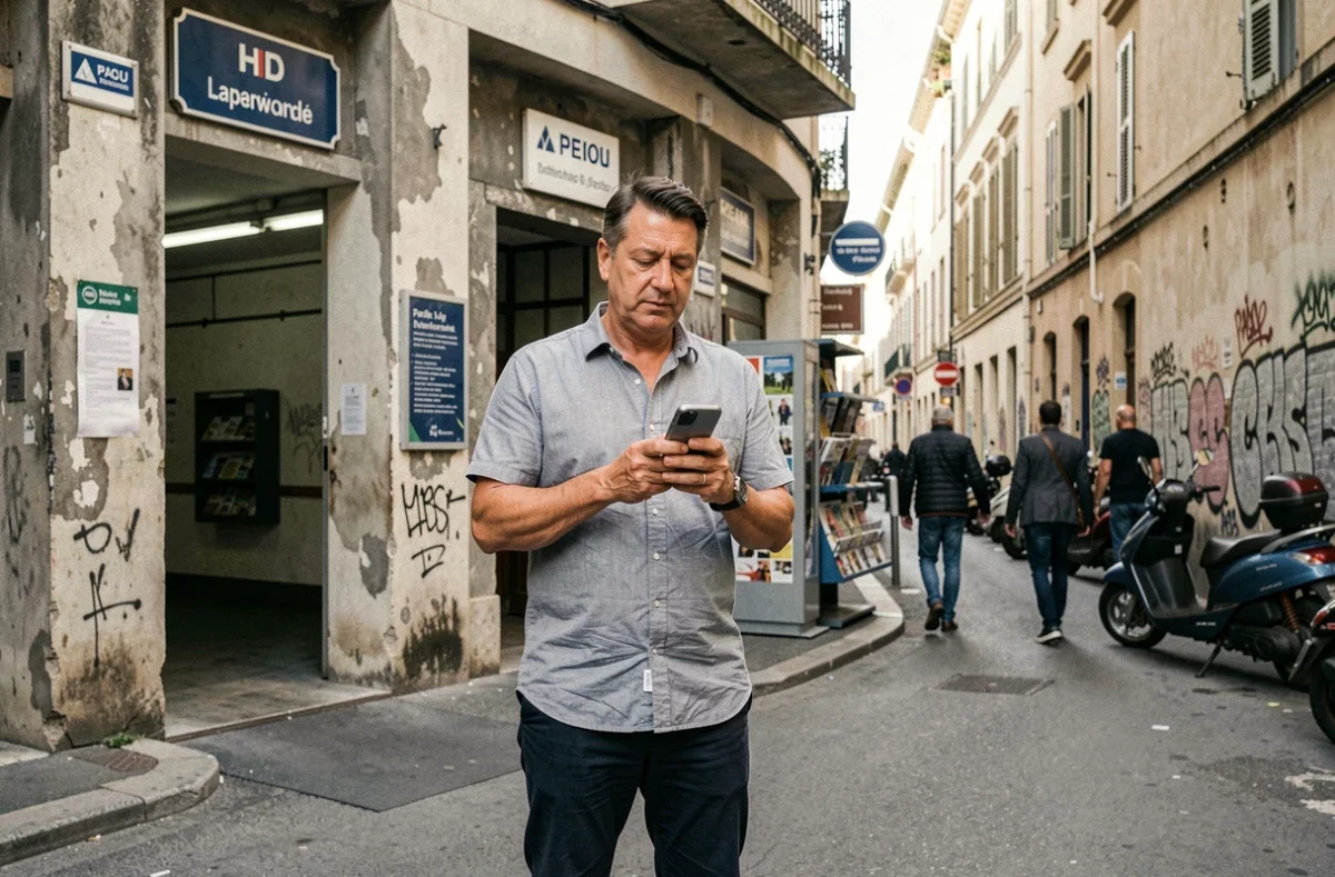 Homme utilisant son téléphone pour se repérer devant une station de métro dans les quartiers nord de Marseille