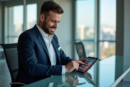Homme en costume regardant une tablette dans un bureau moderne