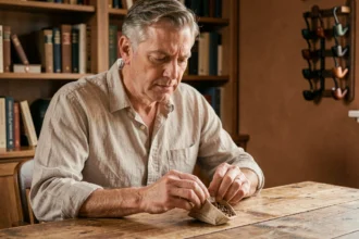 Homme mature examinant une blague à tabac pour pipe légère sur une table en bois dans un bureau chaleureux