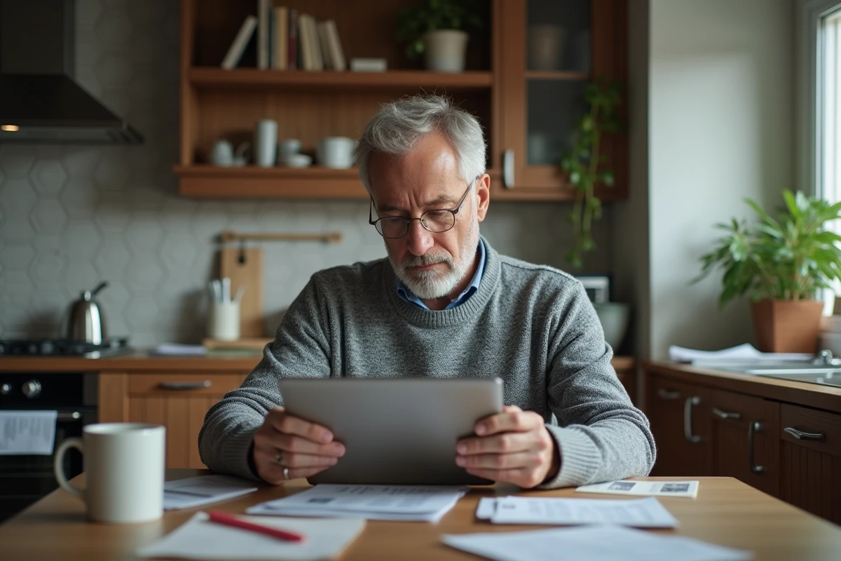 Homme mature consultant des prix de traduction sur une tablette dans sa cuisine