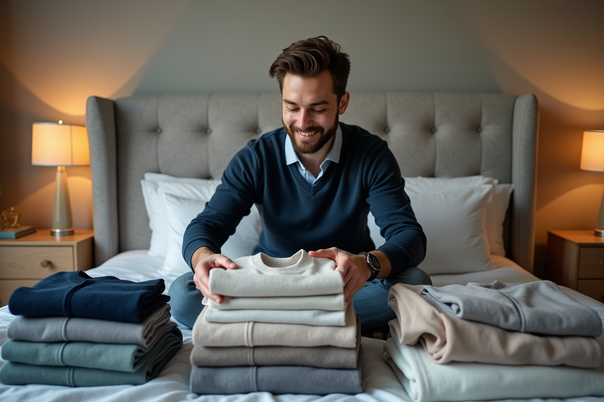 Jeune homme triant des vêtements dans sa chambre