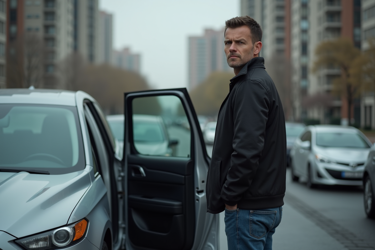 Homme d'âge moyen près d'une voiture en ville