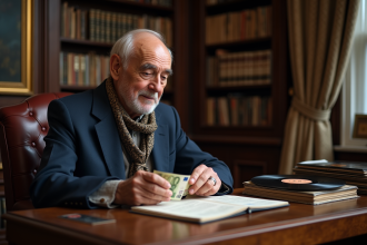 Homme âgé comptant des euros dans un bureau vintage