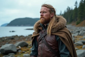 Homme viking blond et barbu sur la côte nordique