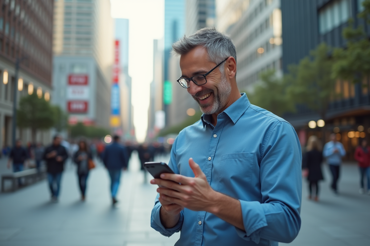 Homme dans la ville utilisant son smartphone avec VPN