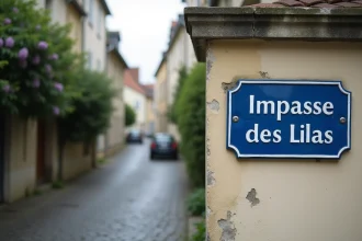 Panneau de rue de l'impasse des Lilas dans un quartier résidentiel français avec pavés et buissons de lilas