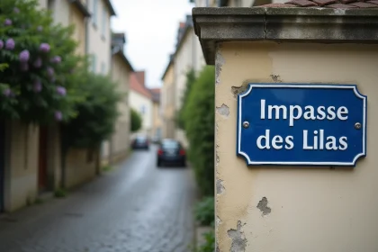 Panneau de rue de l'impasse des Lilas dans un quartier résidentiel français avec pavés et buissons de lilas