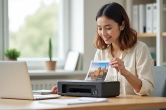 Femme utilisant une imprimante portable couleur compacte sur un bureau en bois dans un bureau à domicile moderne