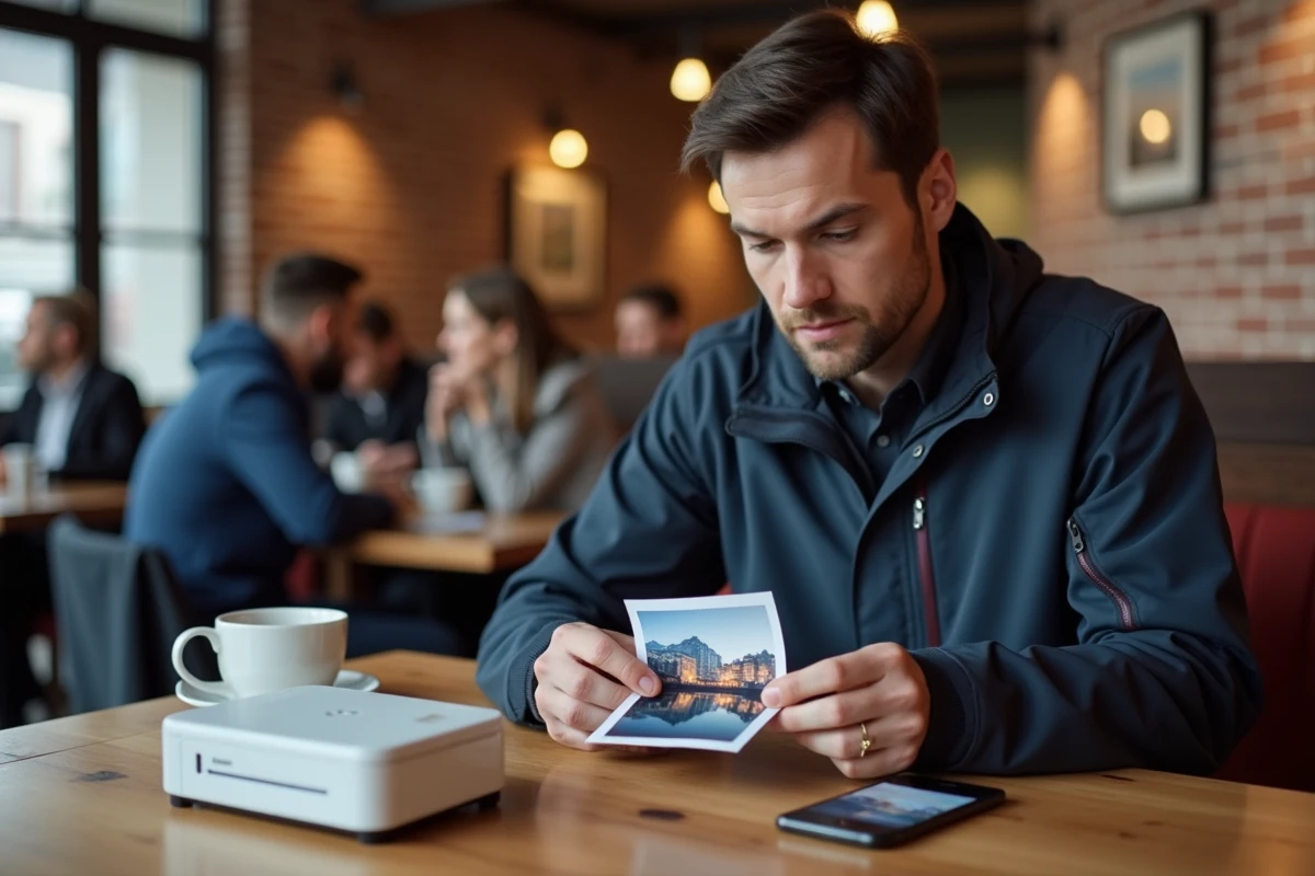 Homme imprimant des photos couleur avec une imprimante portable compacte dans un café urbain