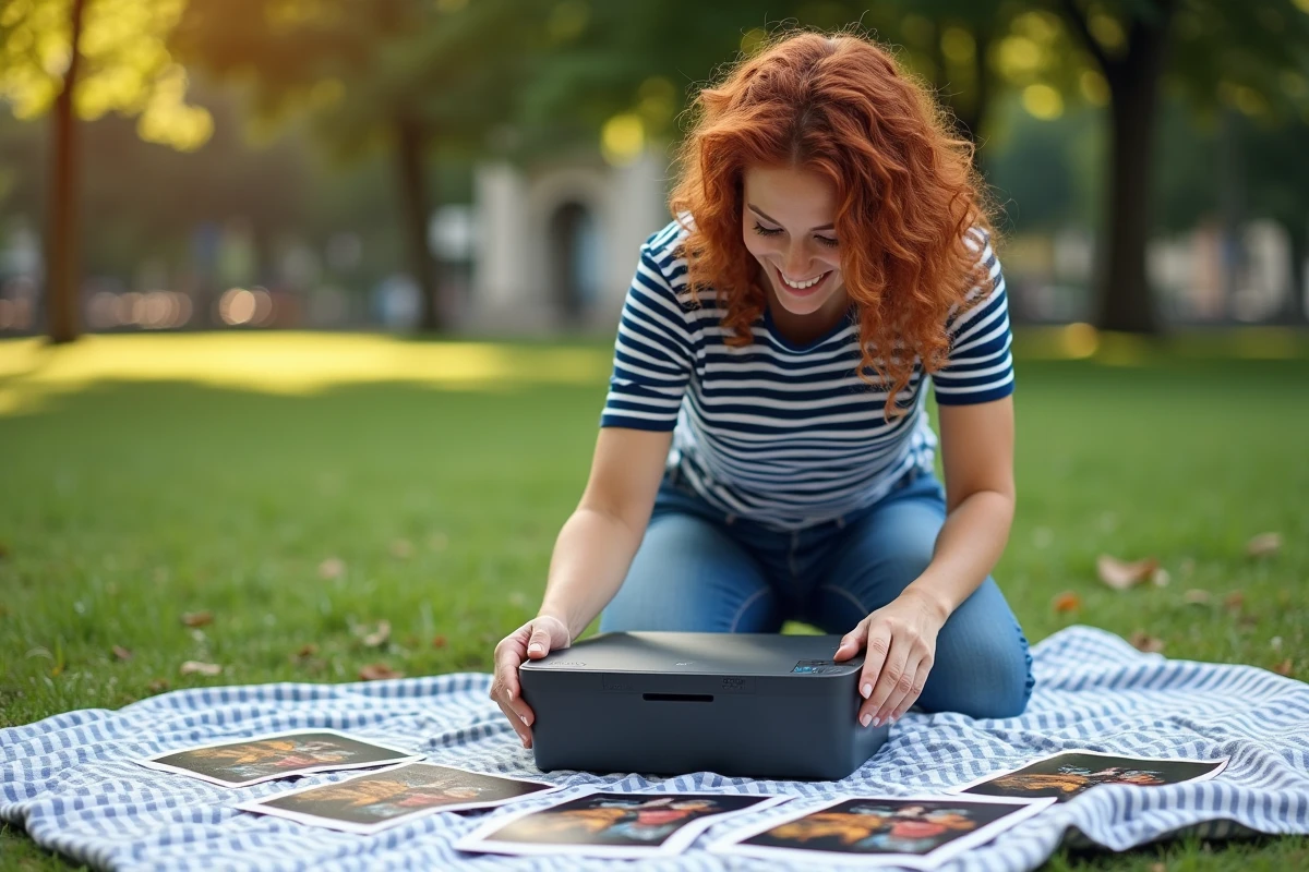 Femme arrangeant des photos imprimées par une imprimante portable couleur lors d'un pique-nique dans un parc
