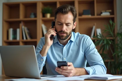 Homme composant un indicatif international sur son smartphone depuis son bureau à domicile
