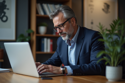 Homme informaticien en costume navy travaillant sur un laptop