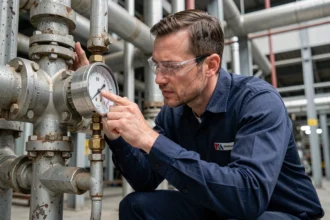 Ingénieur industriel lisant un manomètre de pression en psi sur un système de tuyauterie métallique en usine