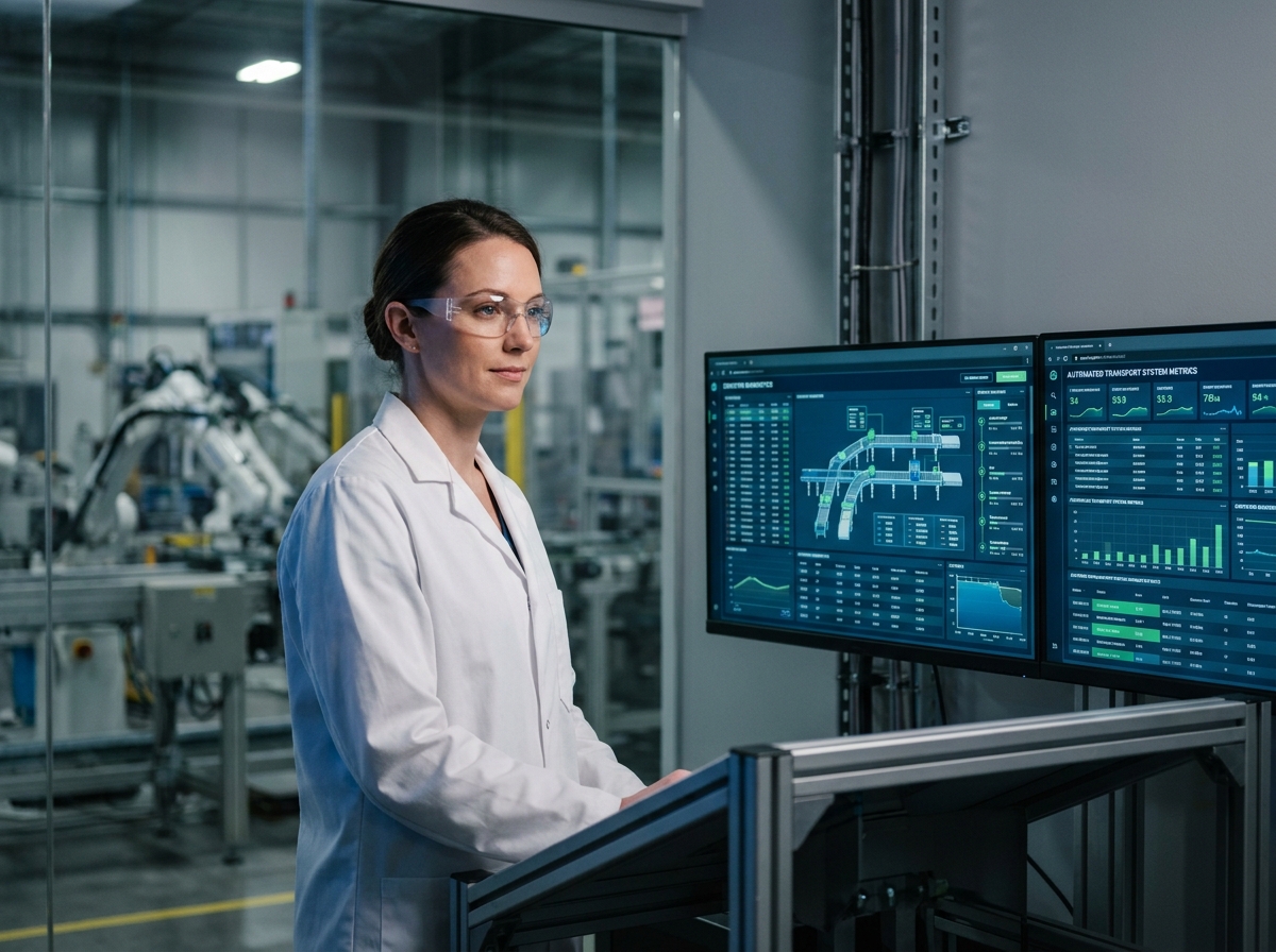 Ingénieure en automatisation surveillant les systèmes de transport automatisé depuis une salle de contrôle industrielle