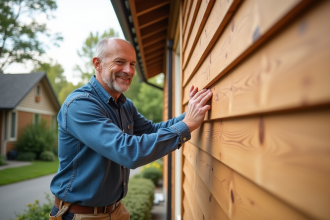 Hommes posant un bardage en bois sur une façade de maison