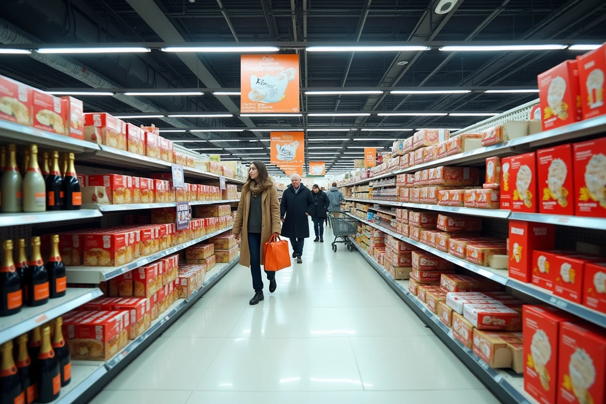 Intérieur d'un hypermarché ouvert le 1er janvier avec des allées remplies de promotions saisonnières et quelques clients faisant leurs courses un jour de nouvel an
