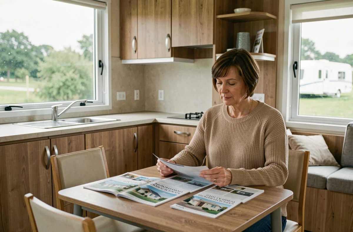 Intérieur d'un mobil-home contemporain avec une femme consultant des catalogues de marques