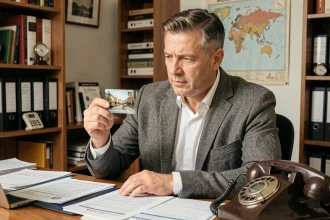 Homme d'affaires tenant une carte cabine téléphonique vintage et analysant sa valeur d'investissement dans un bureau nostalgique