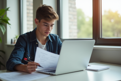Jeune adulte lisant un contrat de gym à un bureau lumineux