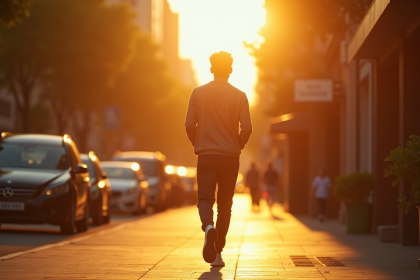 Jeune adulte marchant dans une rue urbaine ensoleillee