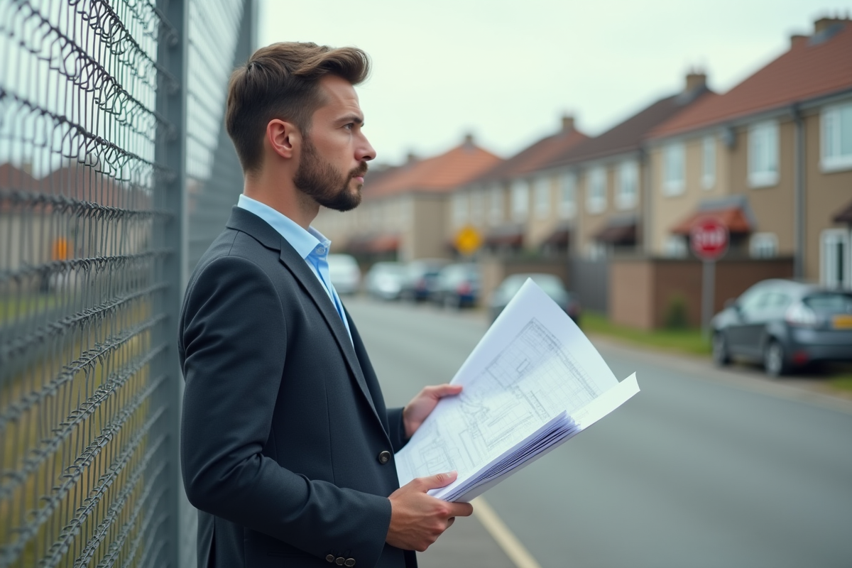 Jeune architecte regarde un plan de ville devant un chantier