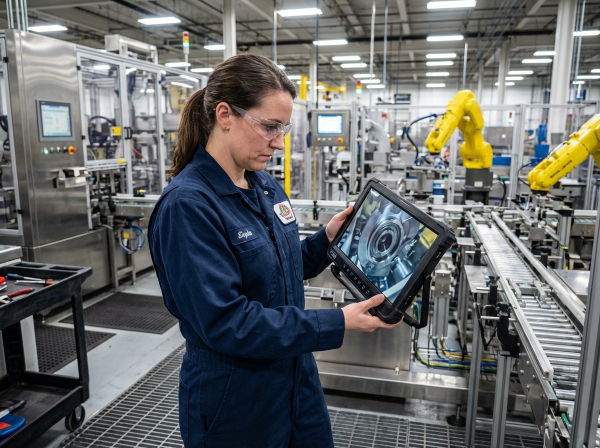 Jeune ingénieure vérifiant une vidéo sur une ligne de production