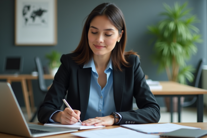 Jeune femme professionnelle au bureau avec ordinateur et notes