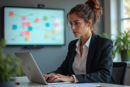 Jeune femme professionnelle travaillant sur un ordinateur dans un bureau moderne