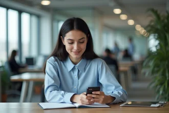 Jeune femme au bureau regardant son smartphone