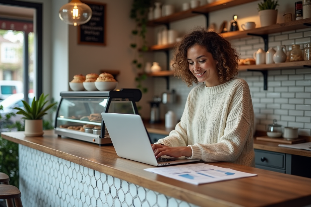 Jeune entrepreneure dans un café vérifiant documents d