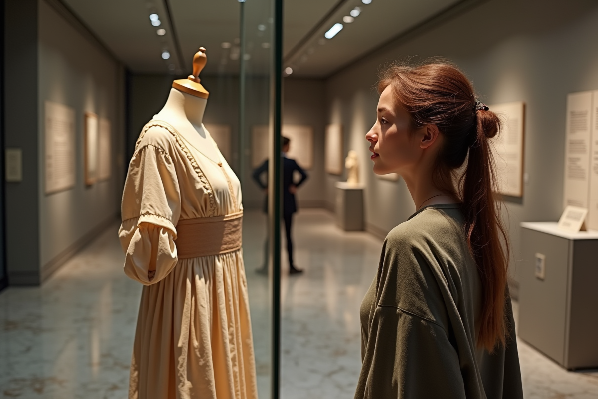 Jeune femme observant un vetement ancien dans un musee moderne