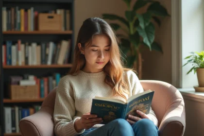 Jeune femme lisant un livre d histoire de France dans un salon