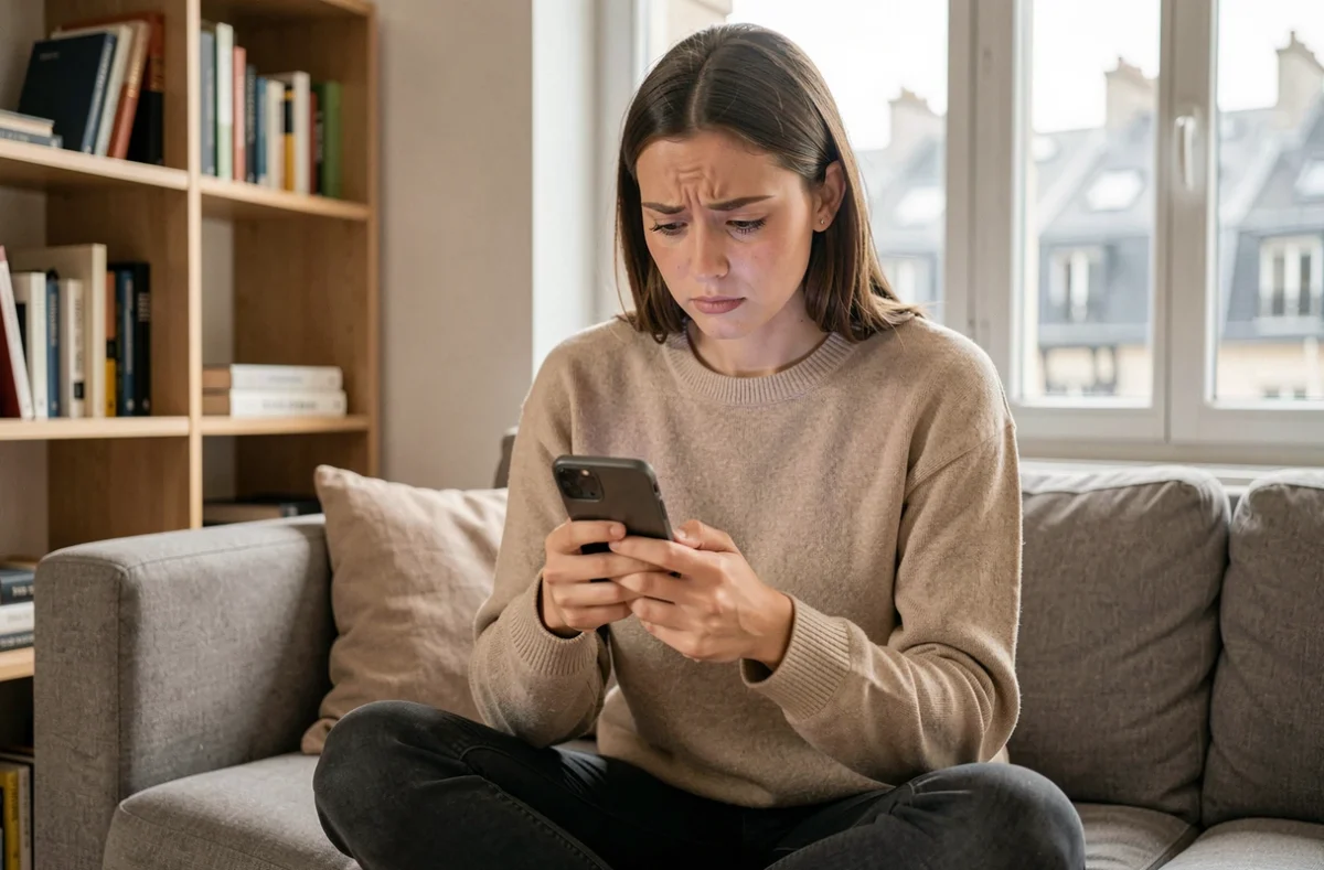 Jeune femme française consultant le compte Instagram d'un parti politique sur son smartphone dans un appartement parisien moderne