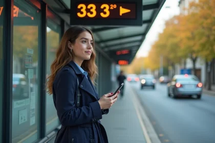 Jeune femme au trench bleu vérifiant horaires bus