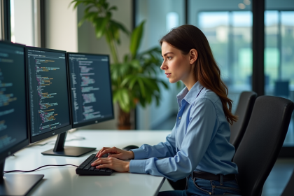 Femme jeune en blouse et jeans travaillant sur plusieurs écrans